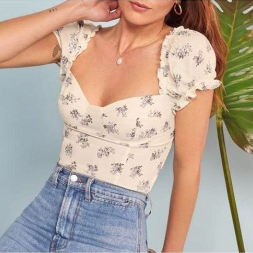 Reformation Jewel Cropped Shirred Floral-Print Crepe Top Sweetheart Neck Size 6
